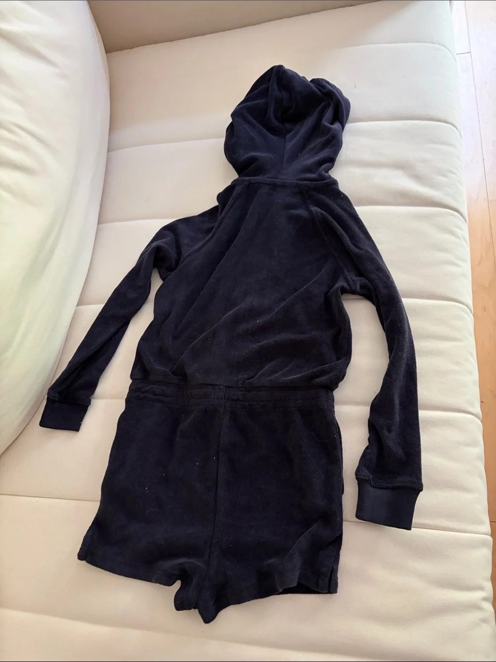 Ralph Lauren Navy Hooded Zip Terry Romper with White Drawstring